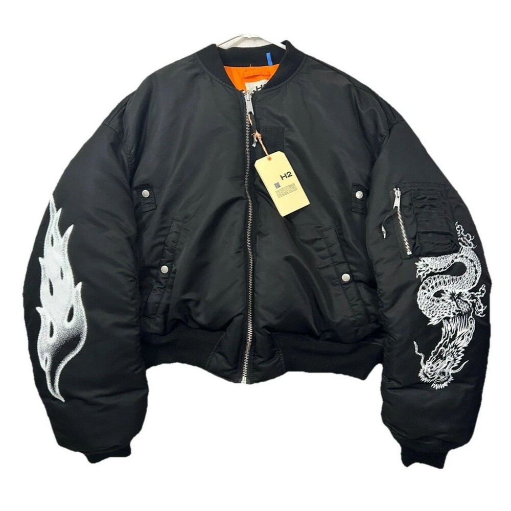 H&M Heron Preston H2 Black Orange Reversible Bomber Jacket Unisex Size Large NWT